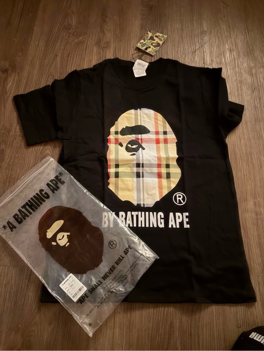 Black A Bathing Ape Plaid Logo Short Sleeve Tee